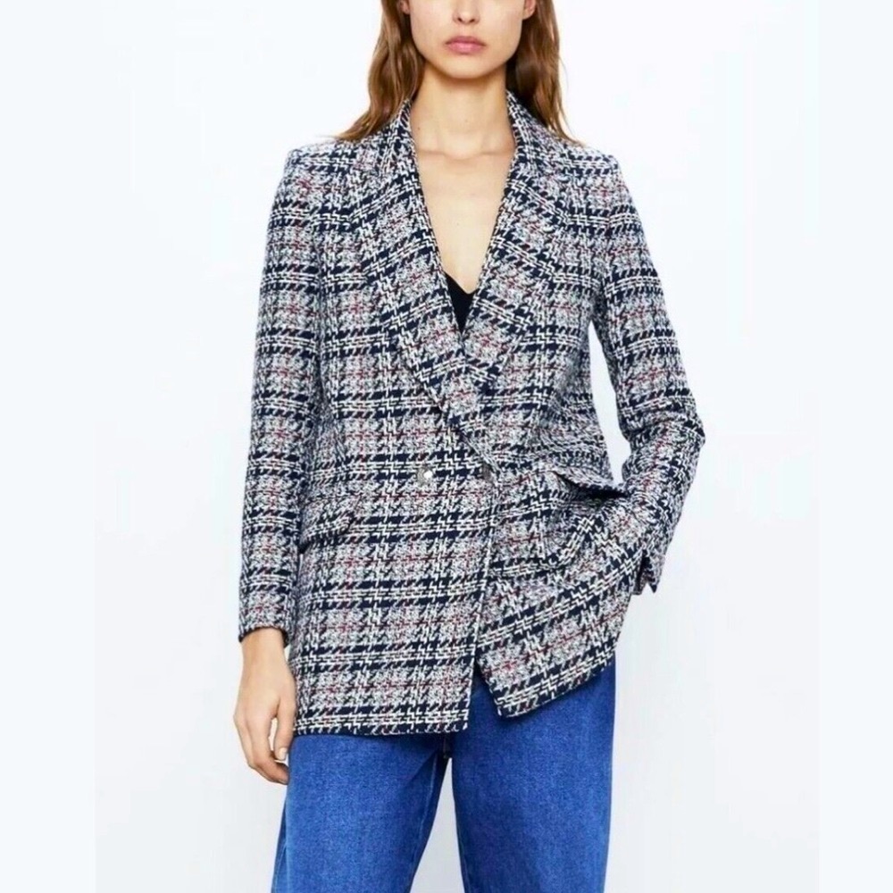 Zara tweed navy blazer jacket like new condition